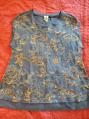 Blue Floral Cotton Embroidered Sleeveless Top - Gold Accent